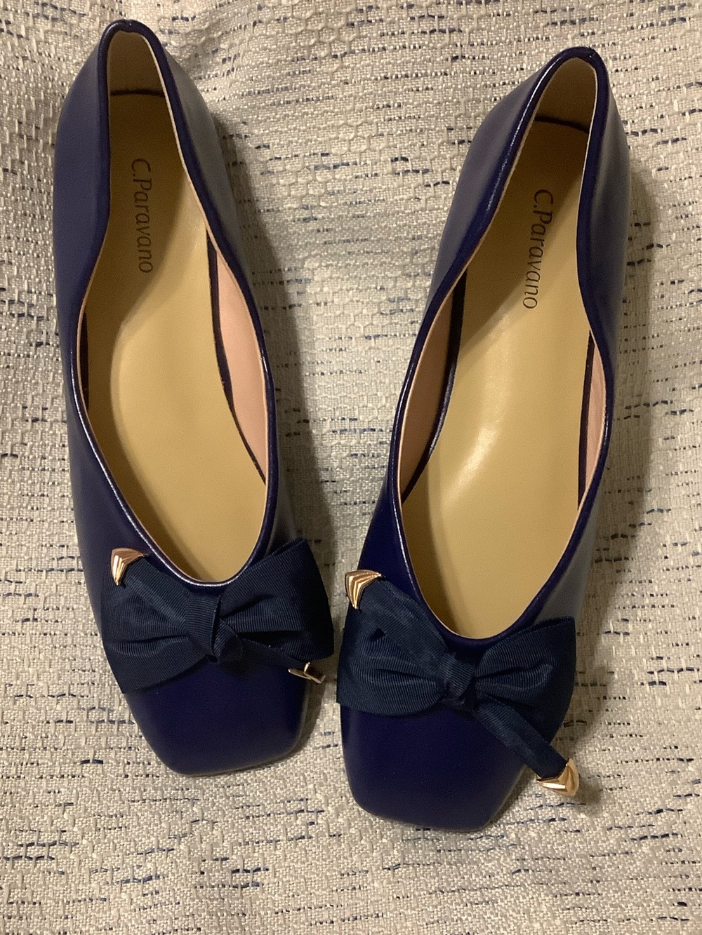 C. Poravono Navy Square-Toe Bow Flats